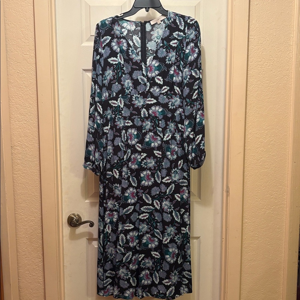 LOFT Floral Midi Dress - Black and Blue